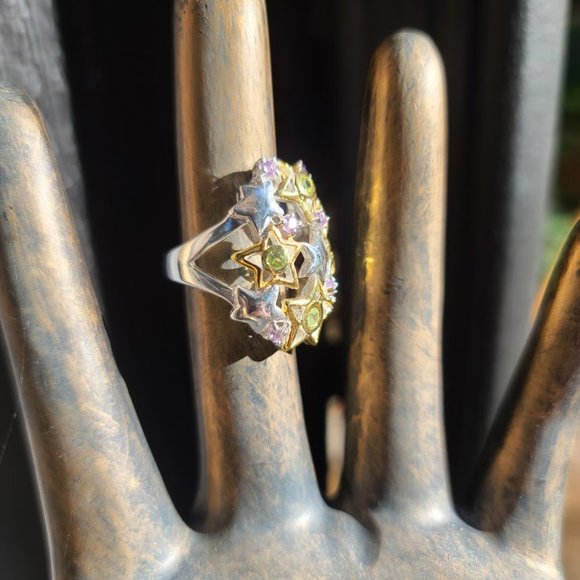 Amethyst & Peridot sterling and gold star dome ring sz6.5 - Picture 8 of 10
